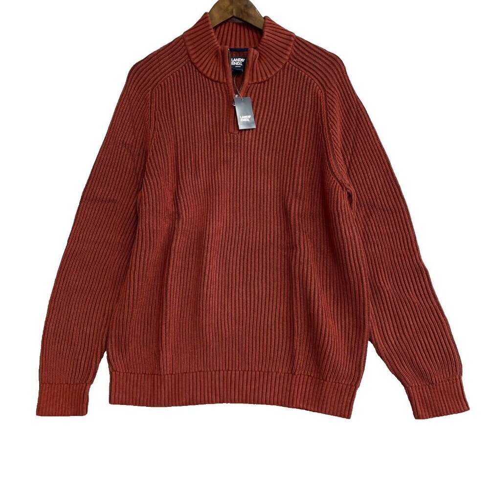 NEW Lands' End Drifter Men's L Ribbed Cotton Sweater Rust Red Mock Neck